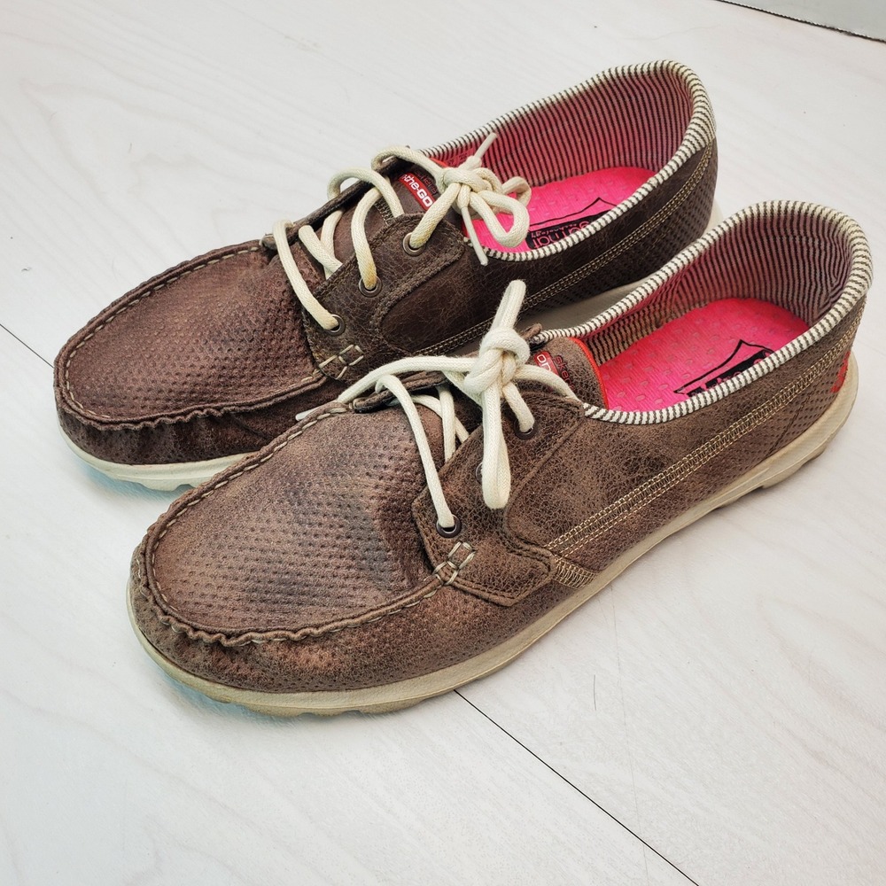 Skechers On-the-Go Brown Boat Shoes Womens 10 Goga Mat Resalyte Nautical Coastal